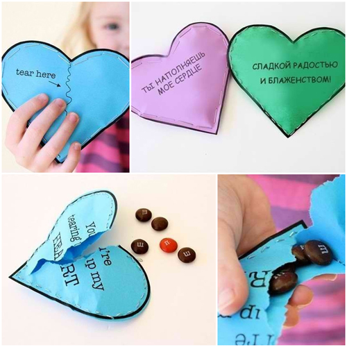 Всього-то склеїти два паперових сердечка і покласти всередину пару цукерочок або невеликий подаруночок
