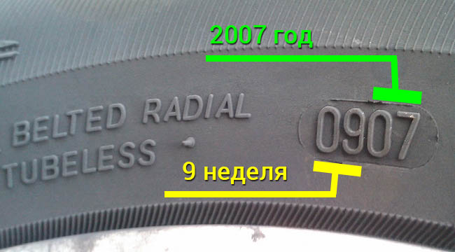 Наприклад, починаючи з 2000 року таке маркування представлена ​​4-х значним числом в овалі, де дві перші цифри позначають певну тиждень в році, а 2 останні - дату виробництва шини